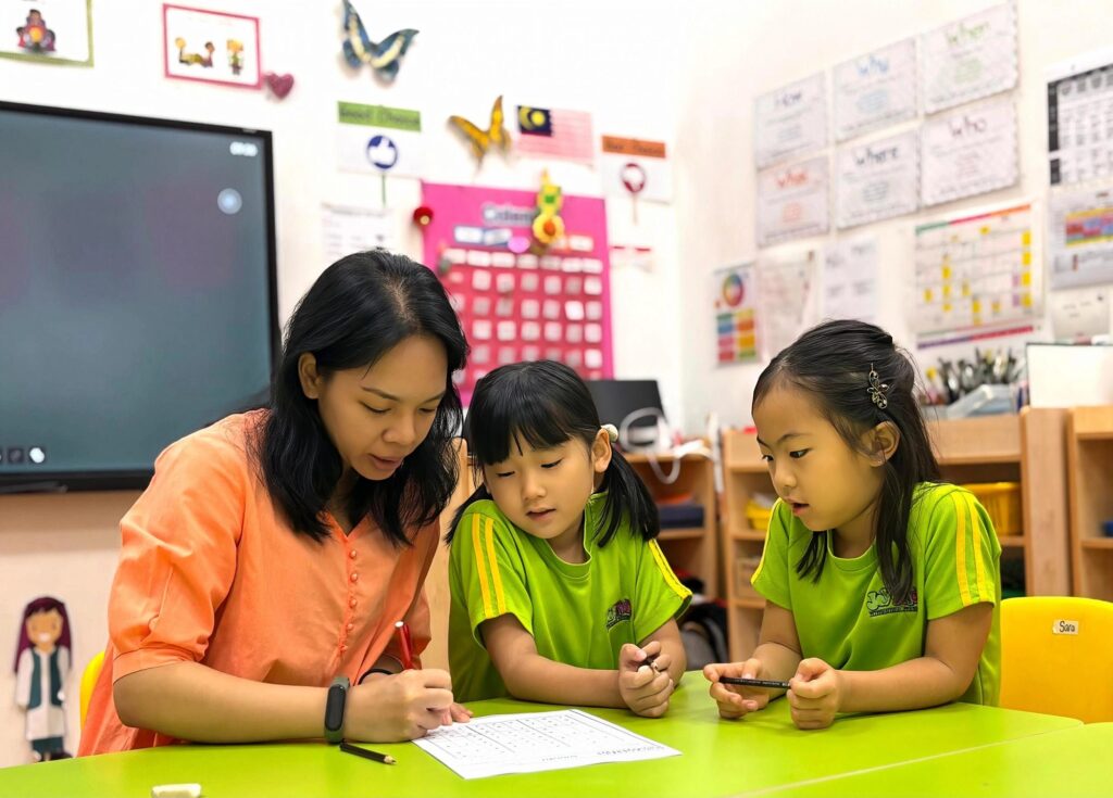 Joykids teacher with preschool girls at JoyKids International Preschool, Bandar Utama