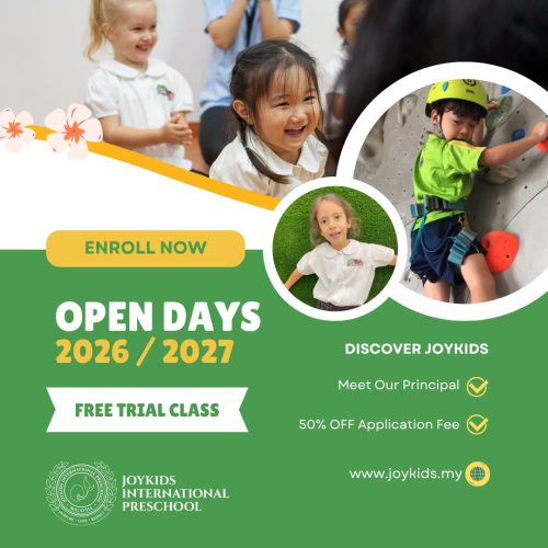 JoyKids Open Days 2026/2027: children in class and rock climbing, with a free trial class and 50% off the application fee.